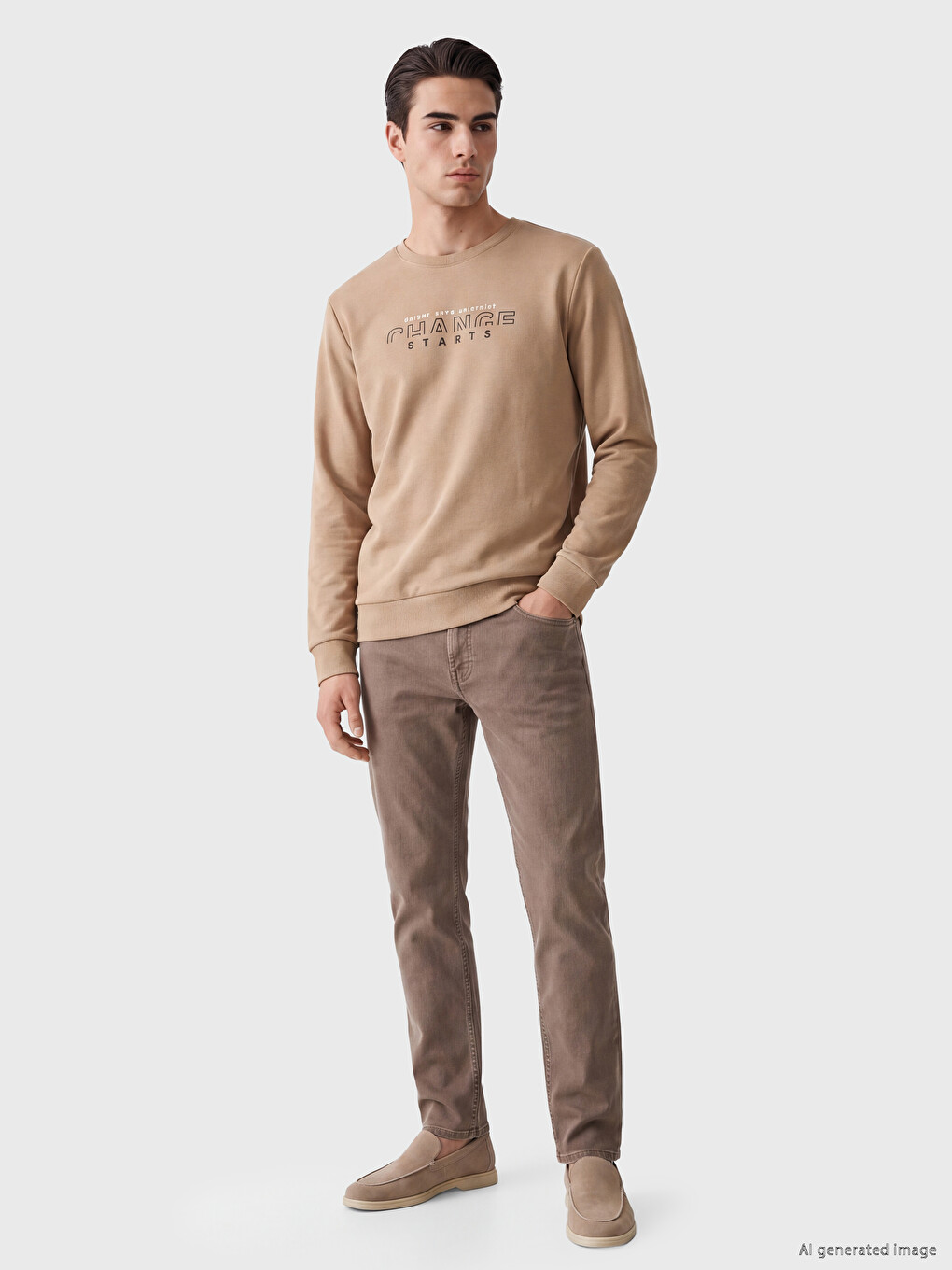 Bej Bisiklet Yaka Baskılı Sweatshirt-1