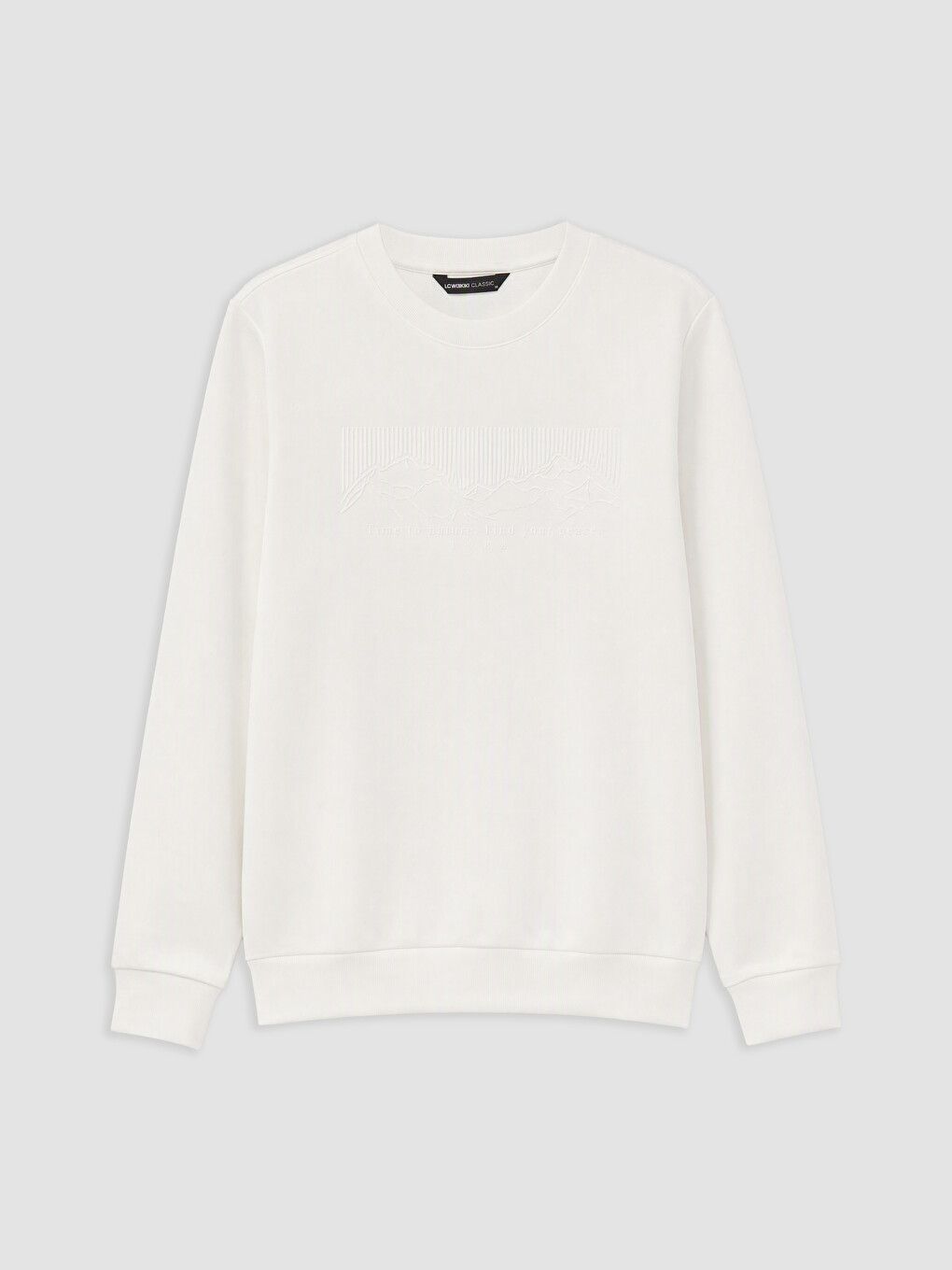 Beyaz Bisiklet Yaka Baskılı Erkek Kalın Sweatshirt