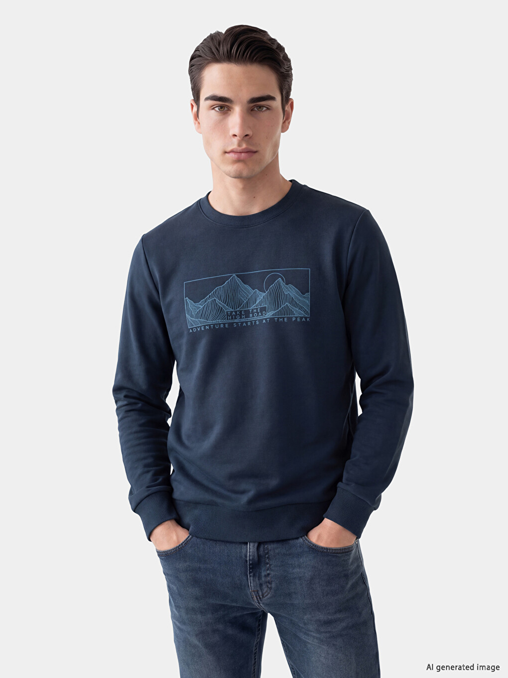 Petrol Bisiklet Yaka Baskılı Erkek Kalın Sweatshirt