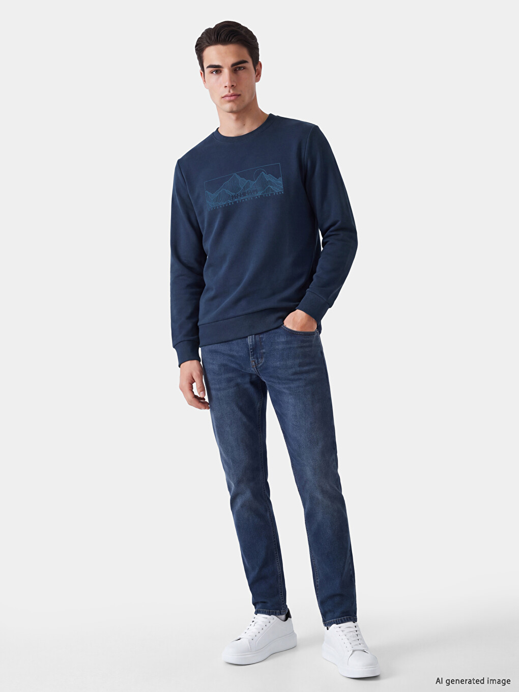 Petrol Bisiklet Yaka Baskılı Erkek Kalın Sweatshirt-1