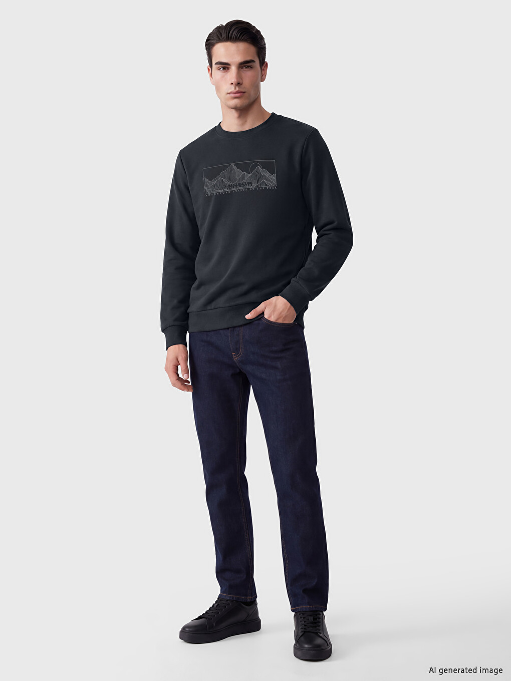 Antrasit Bisiklet Yaka Baskılı Erkek Sweatshirt-1