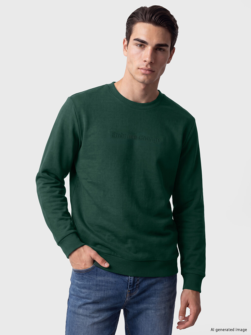 Yeşil Bisiklet Yaka Baskılı Erkek Kalın Sweatshirt