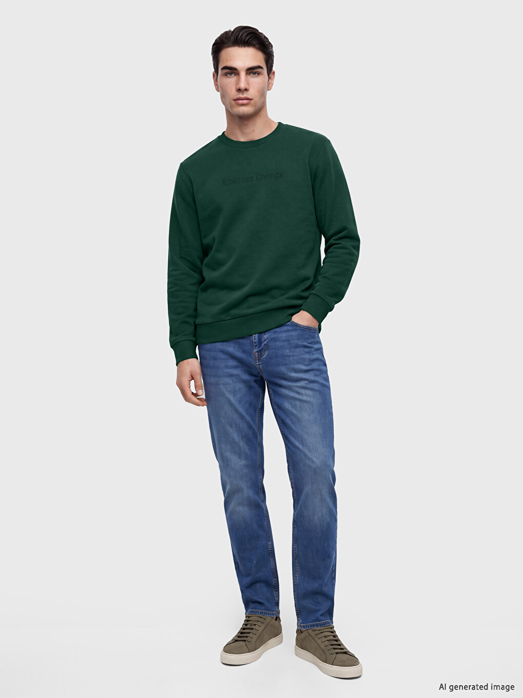 Yeşil Bisiklet Yaka Baskılı Erkek Kalın Sweatshirt-1