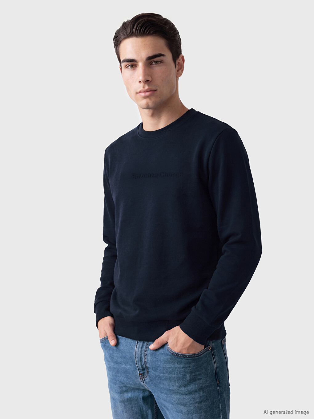 Lacivert Bisiklet Yaka Nakışlı Erkek Kalın Sweatshirt