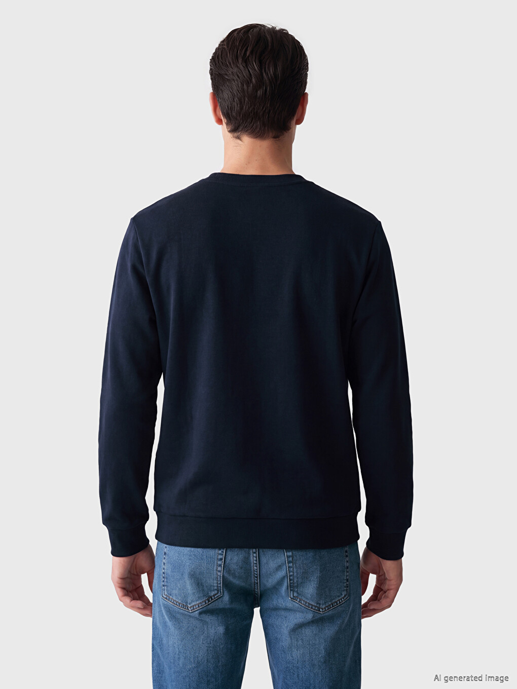 Lacivert Bisiklet Yaka Nakışlı Erkek Kalın Sweatshirt-2