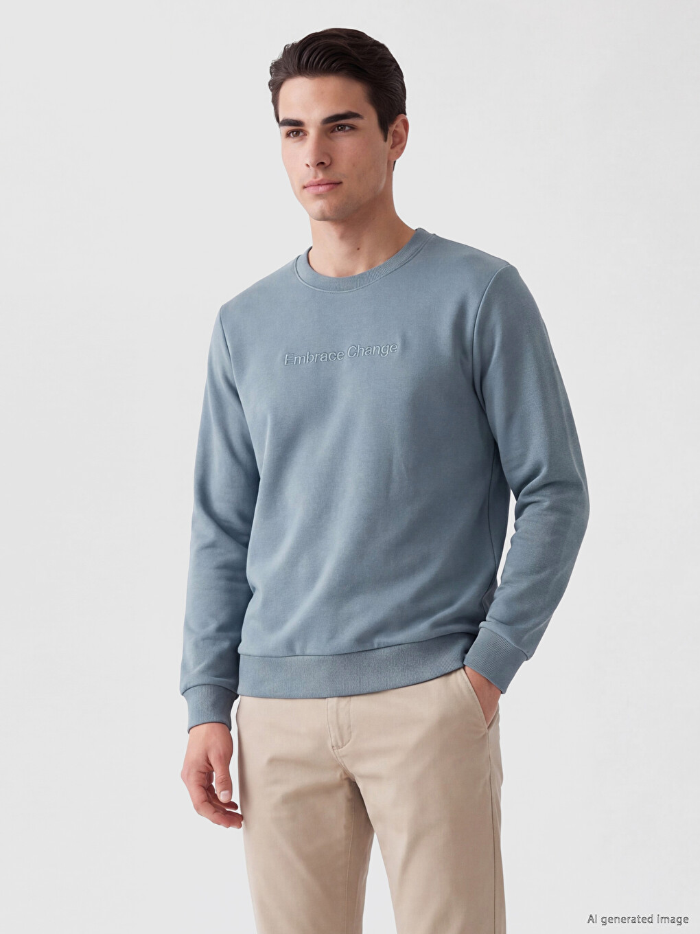 İndigo Bisiklet Yaka Baskılı Erkek Kalın Sweatshirt