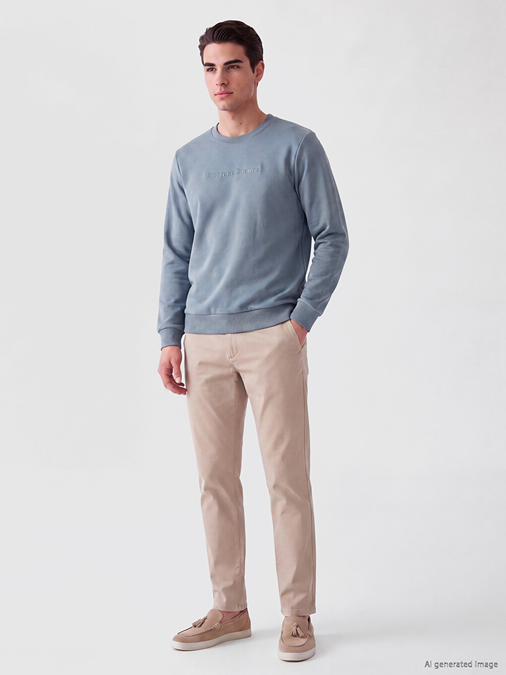 İndigo Bisiklet Yaka Baskılı Erkek Kalın Sweatshirt-1