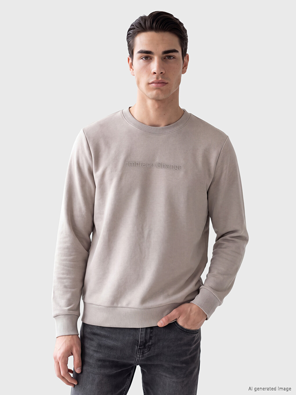 Gri Bisiklet Yaka Baskılı Erkek Sweatshirt