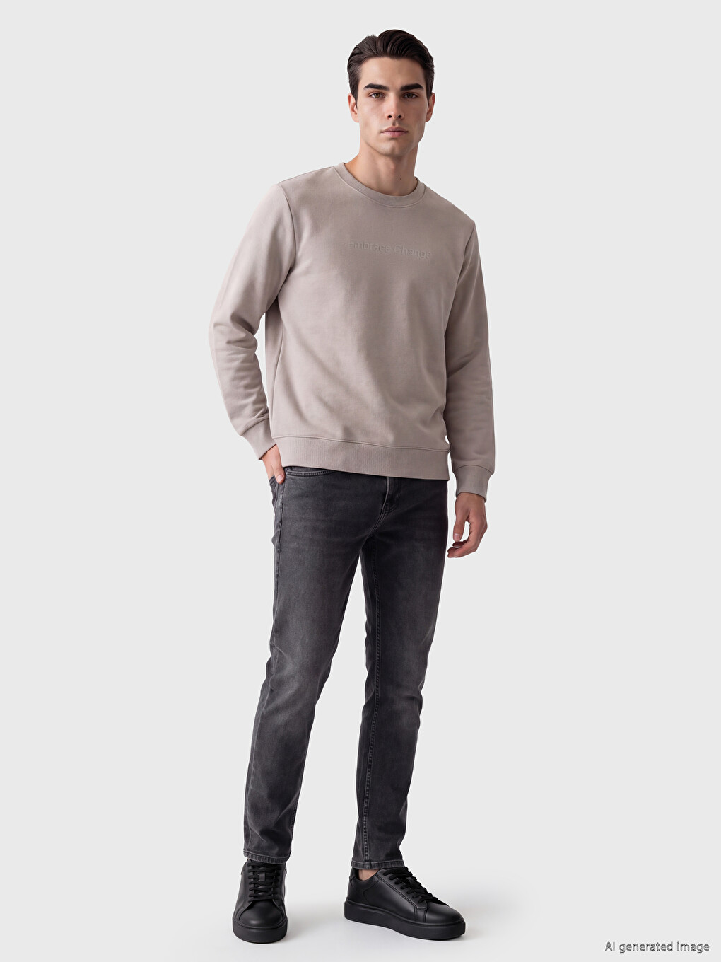 Gri Bisiklet Yaka Baskılı Erkek Sweatshirt-1