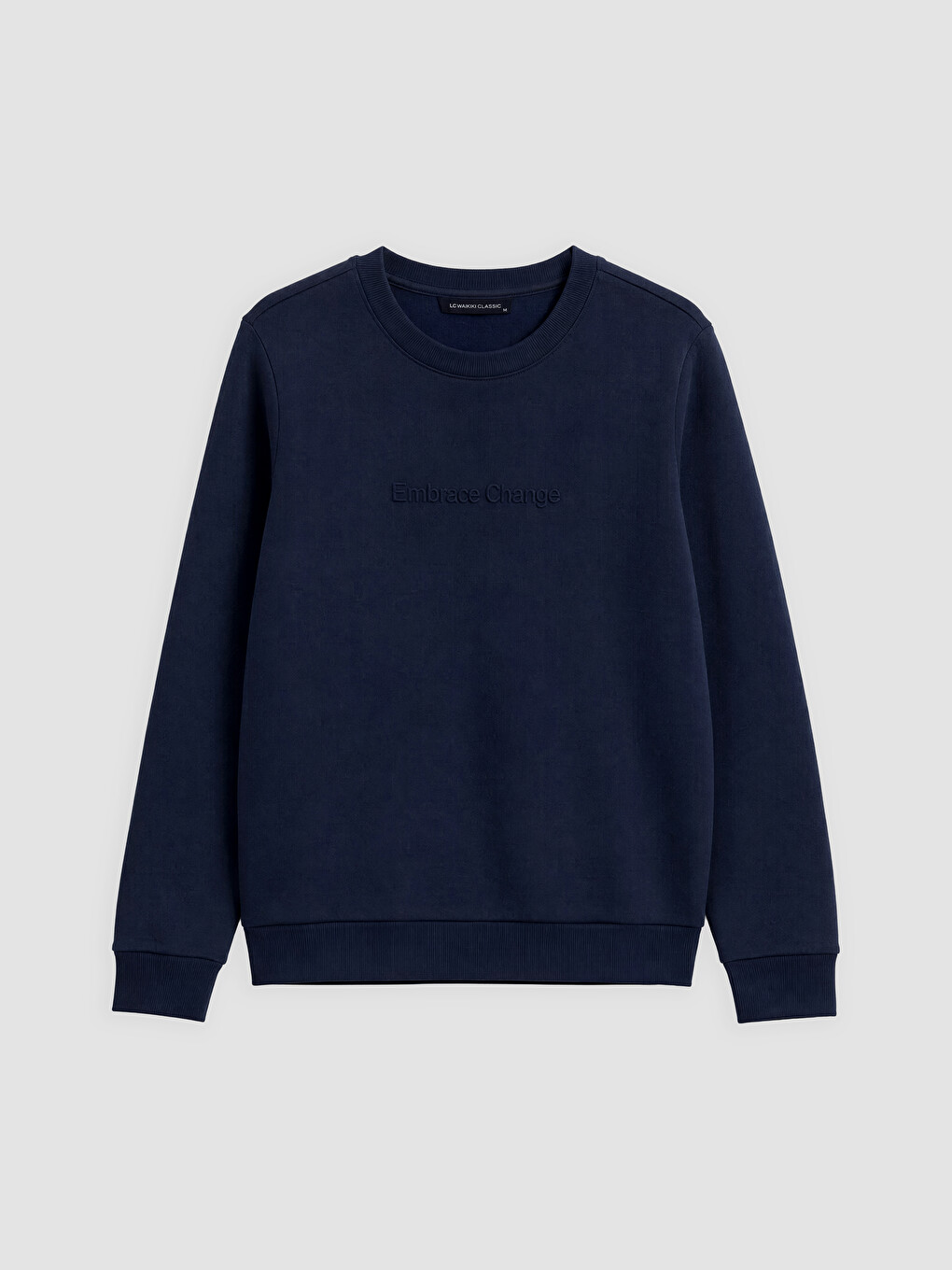 Lacivert Bisiklet Yaka Nakışlı Erkek Kalın Sweatshirt-3