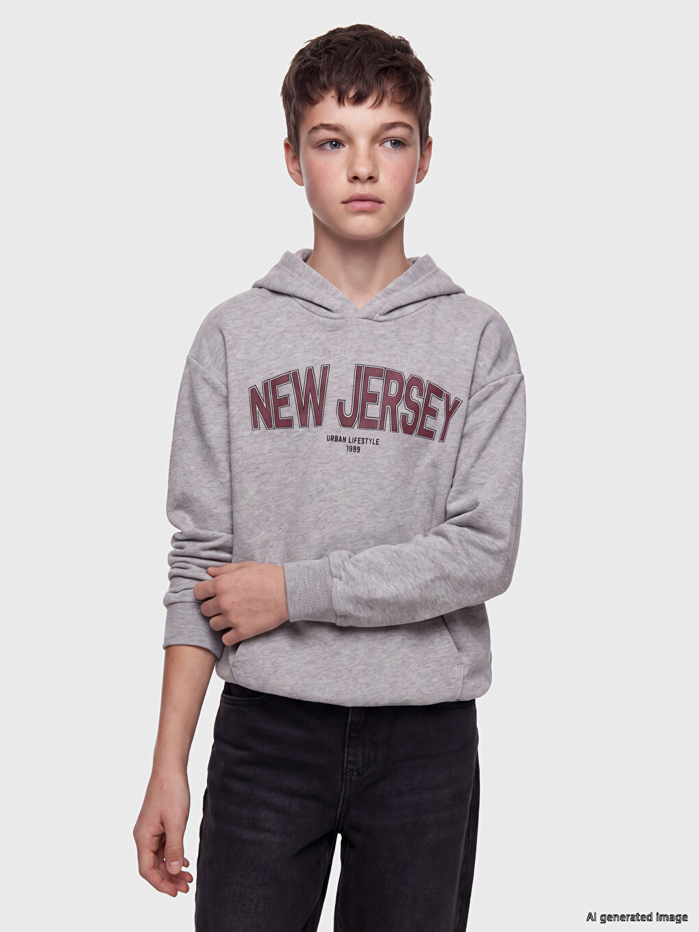 Gri New Jersey Baskılı Erkek Çocuk Sweatshirt-1