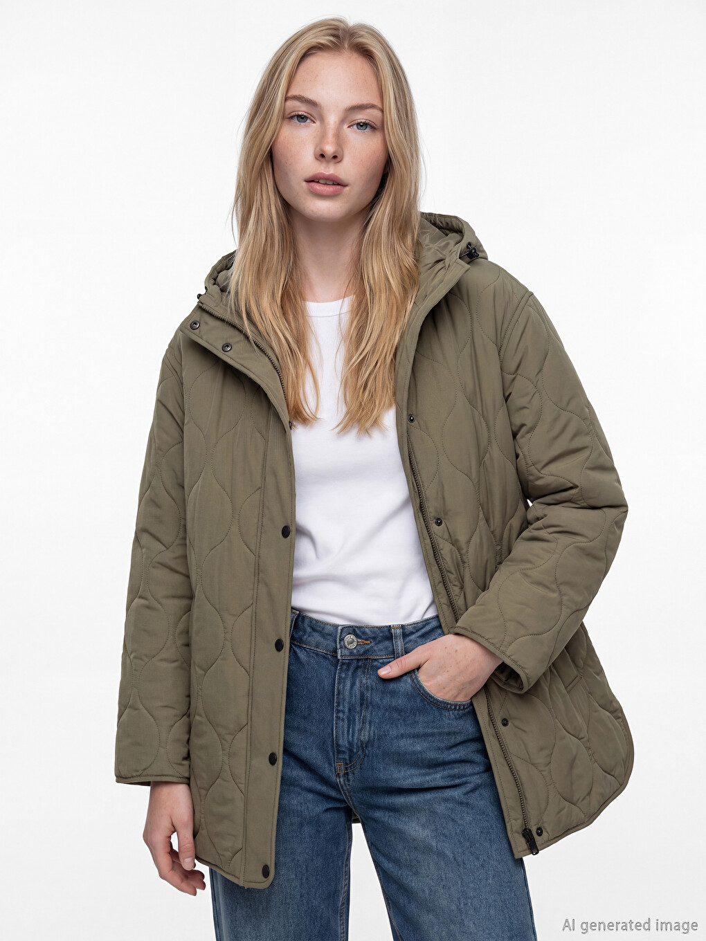 Haki Kapüşonlu Kapitone Oversize Kadın Şişme Mont
