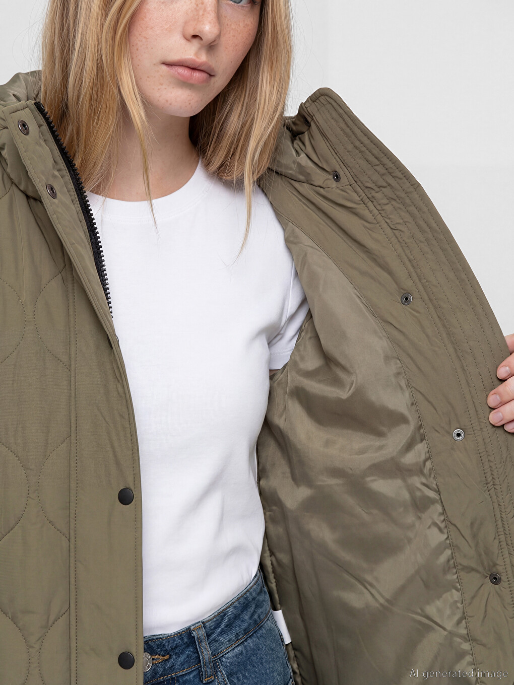 Haki Kapüşonlu Kapitone Oversize Kadın Şişme Mont-3