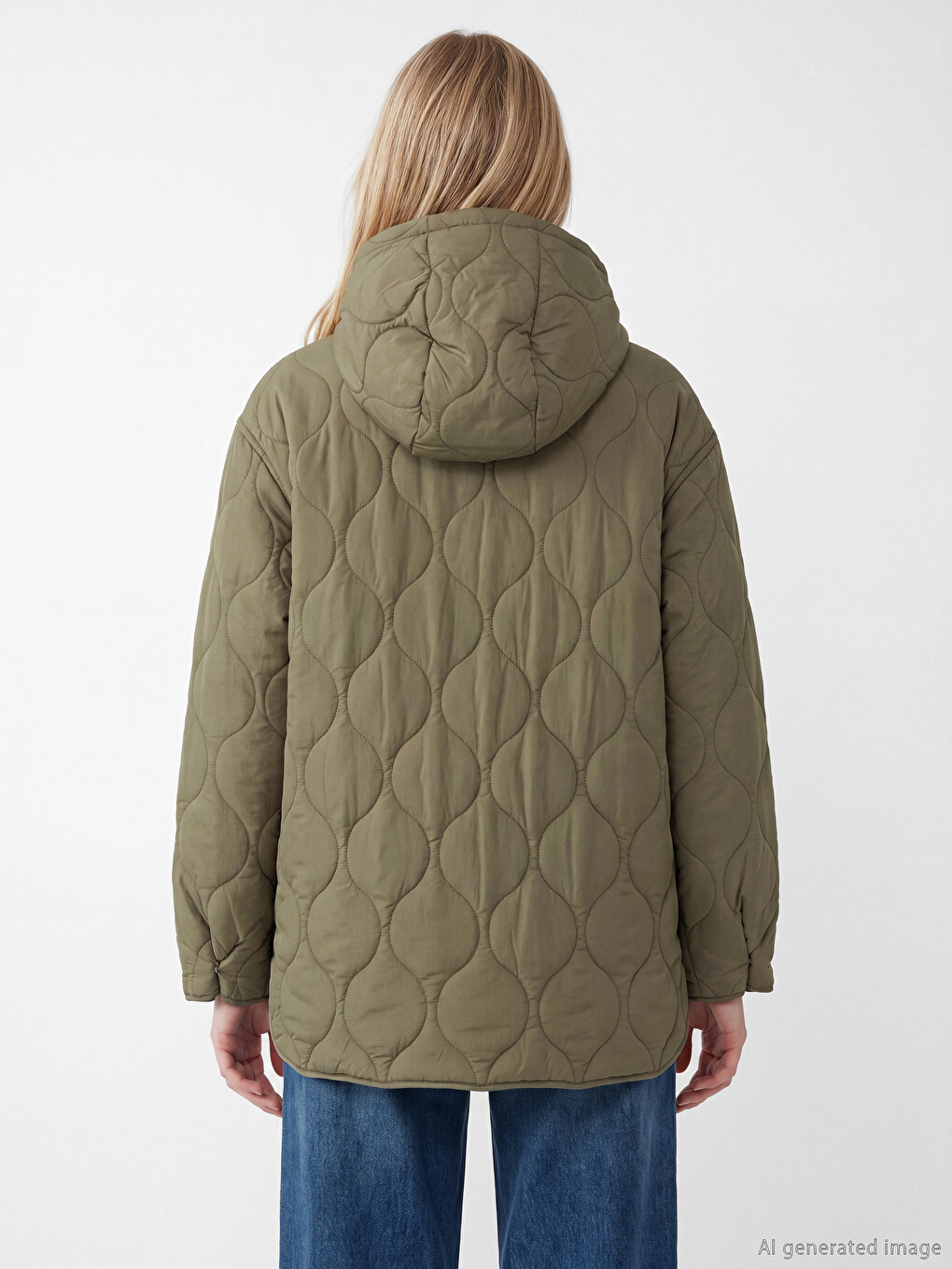 Haki Kapüşonlu Kapitone Oversize Kadın Şişme Mont-4