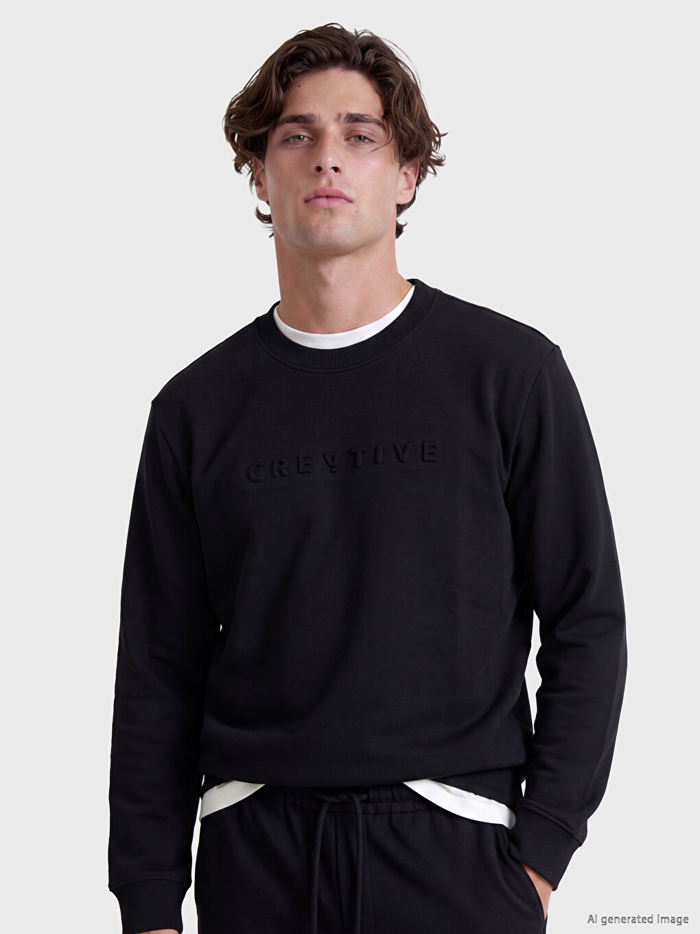 Siyah Bisiklet Yaka Kalın Erkek Sweatshirt