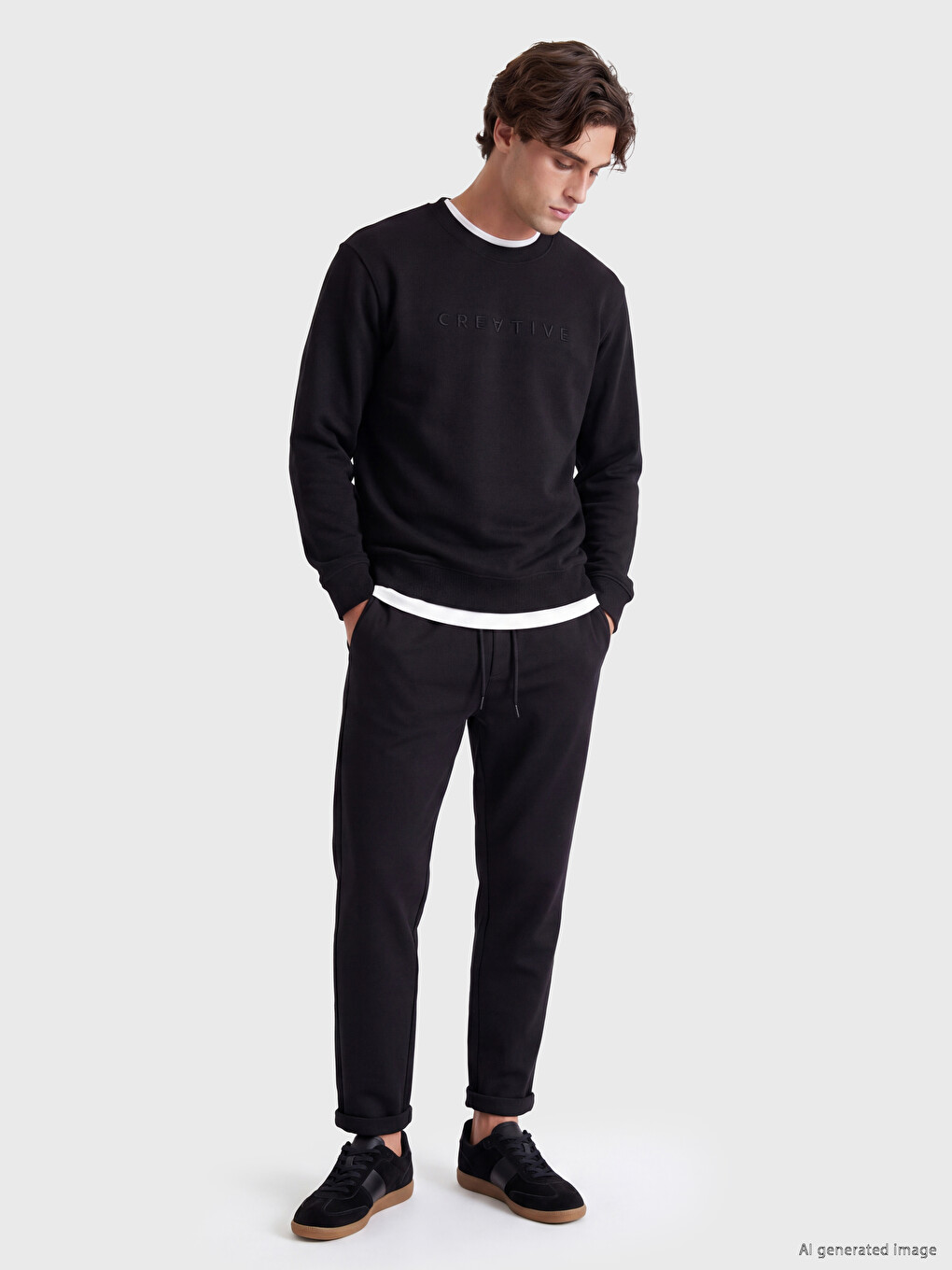 Siyah Bisiklet Yaka Kalın Erkek Sweatshirt-1