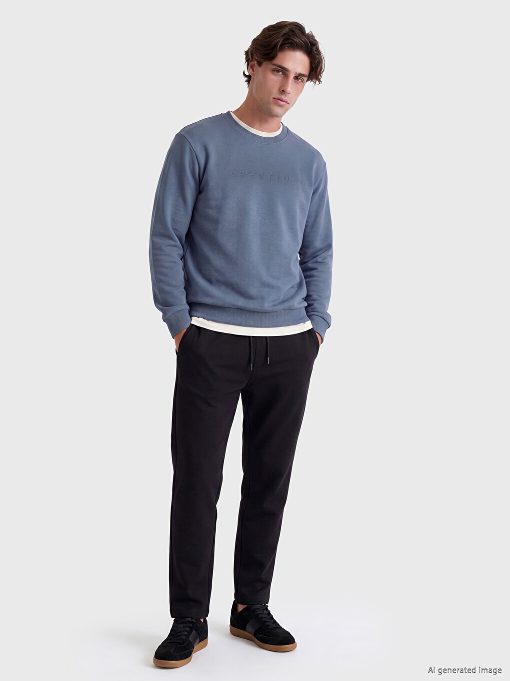 İndigo Bisiklet Yaka Baskılı Erkek Sweatshirt-1