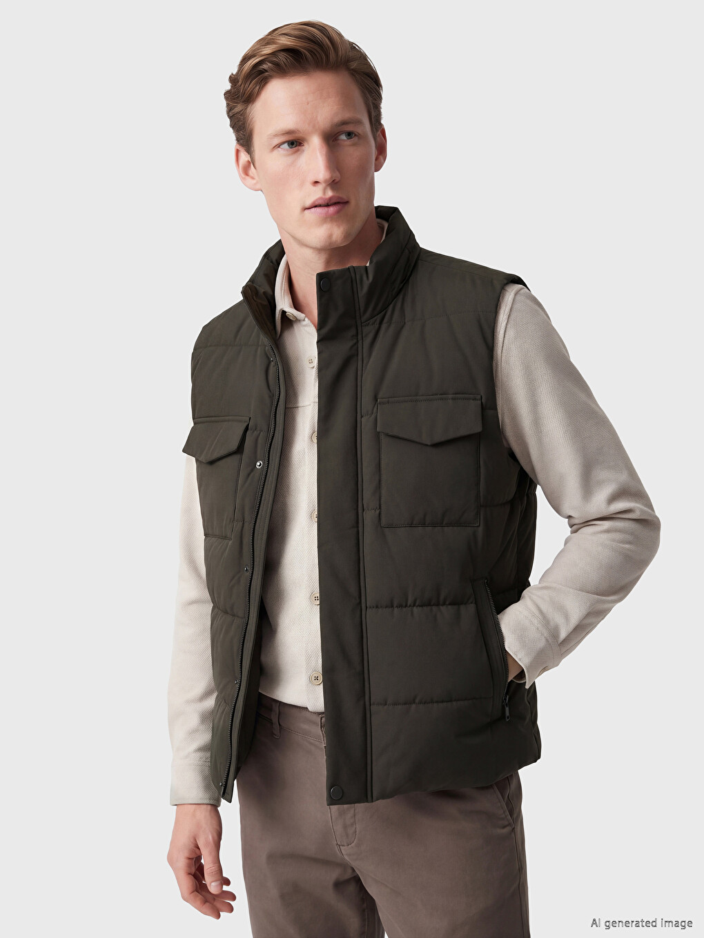 Haki Regular Fit Dik Yaka Erkek Şişme Yelek