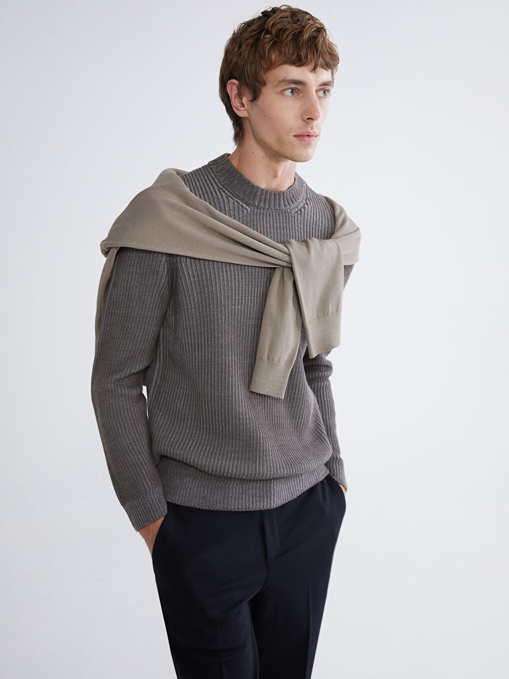 Kahverengi Bisiklet Yaka Fitilli Erkek Kazak