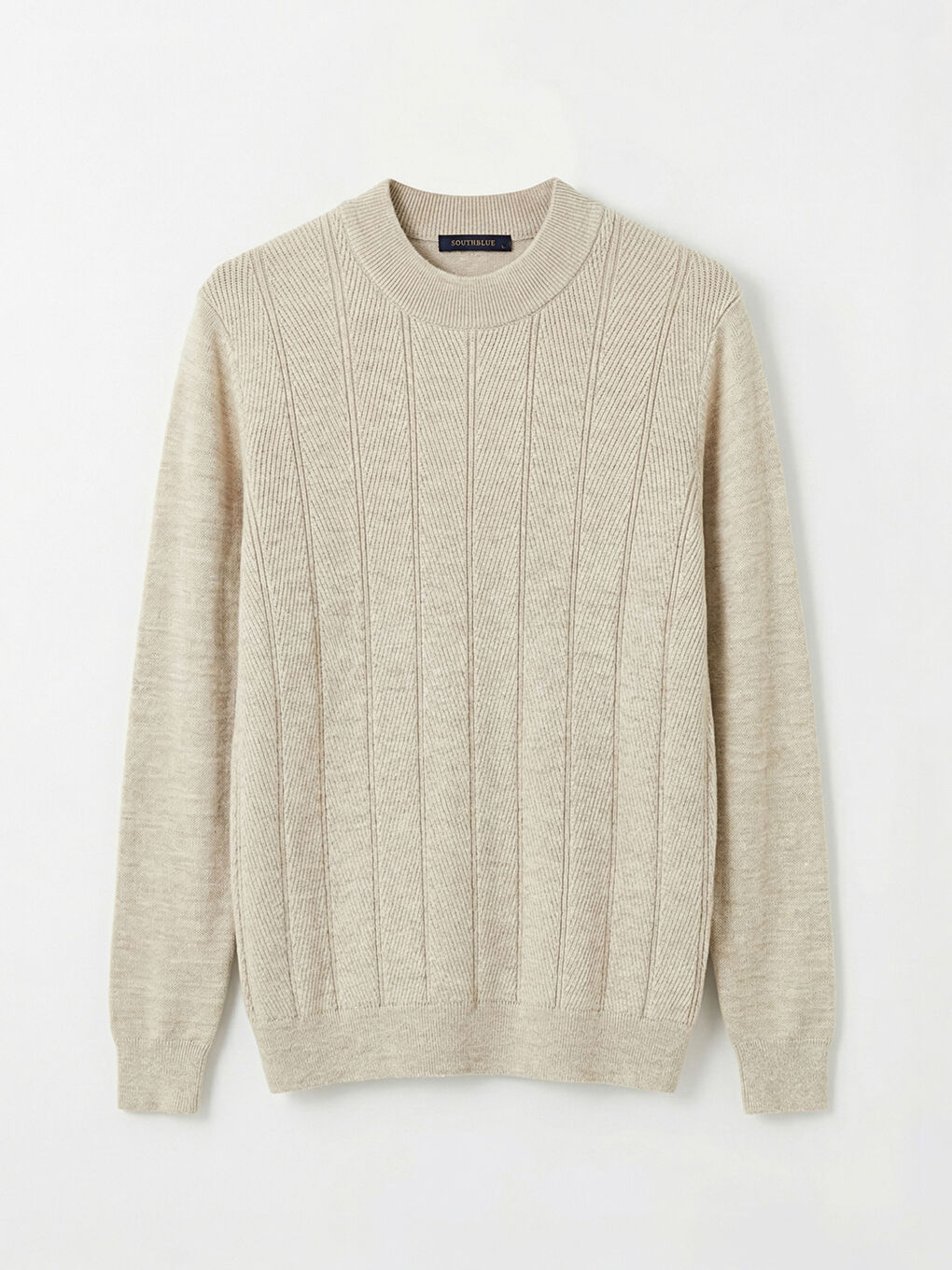 Bej Bisiklet Yaka Desenli Erkek Triko Kazak