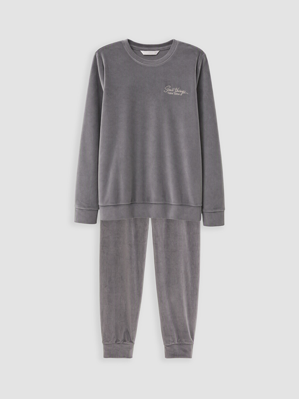 Gri Nakışlı Kadın Kadife Pijama Takım-4
