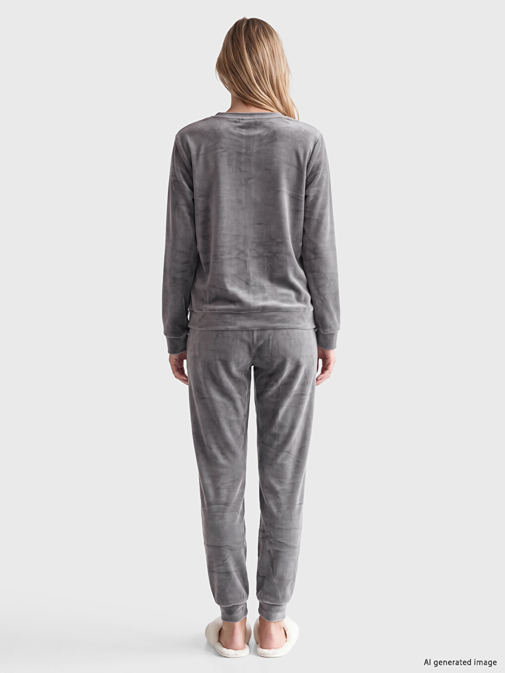 Gri Nakışlı Kadın Kadife Pijama Takım-3