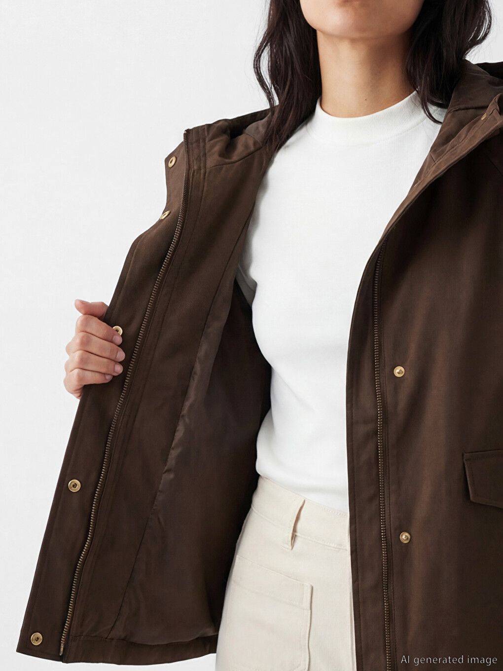 Kahverengi Kapüşonlu Oversize Kadın Yağmurluk-3