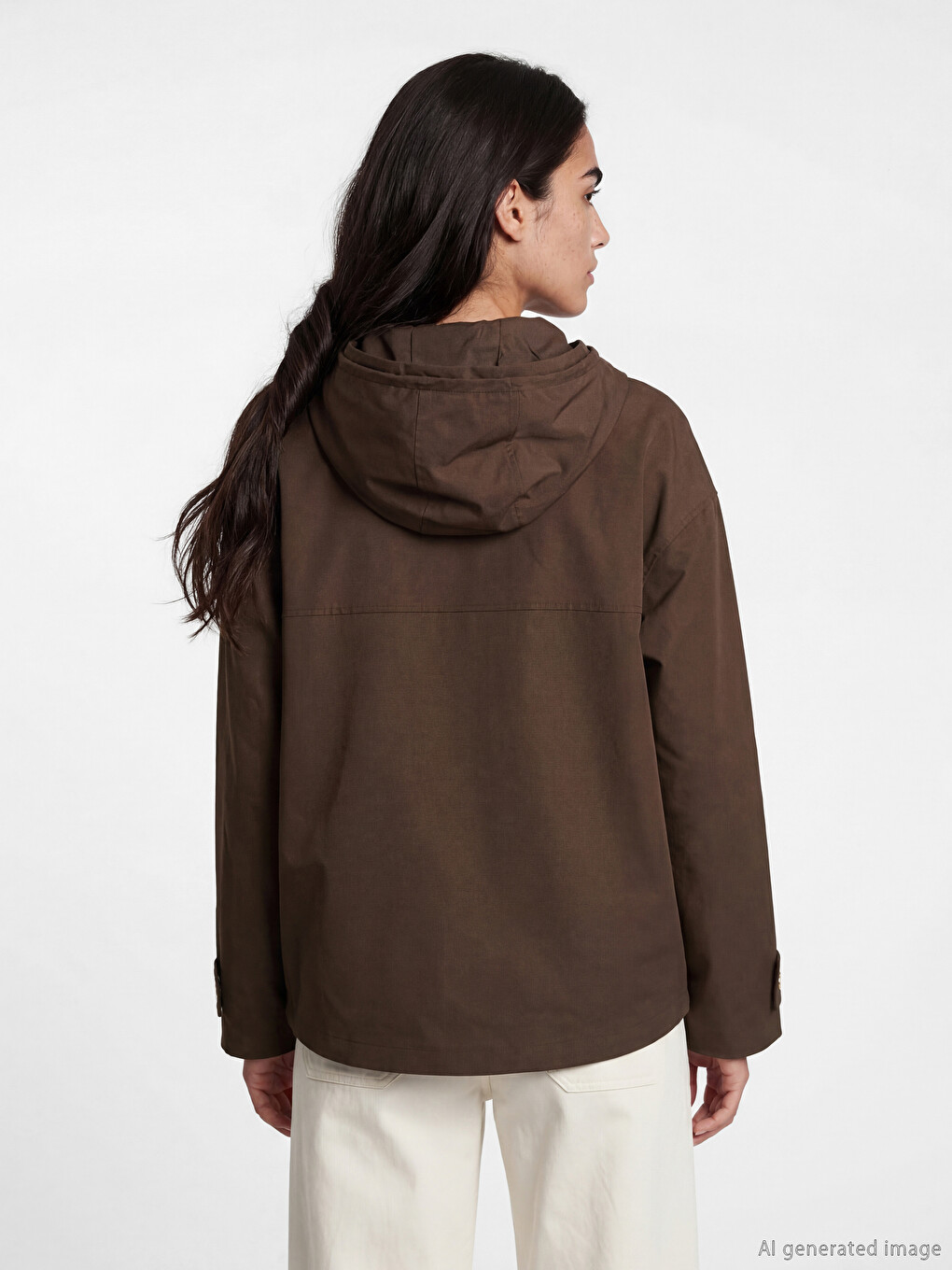 Kahverengi Kapüşonlu Oversize Kadın Yağmurluk-4