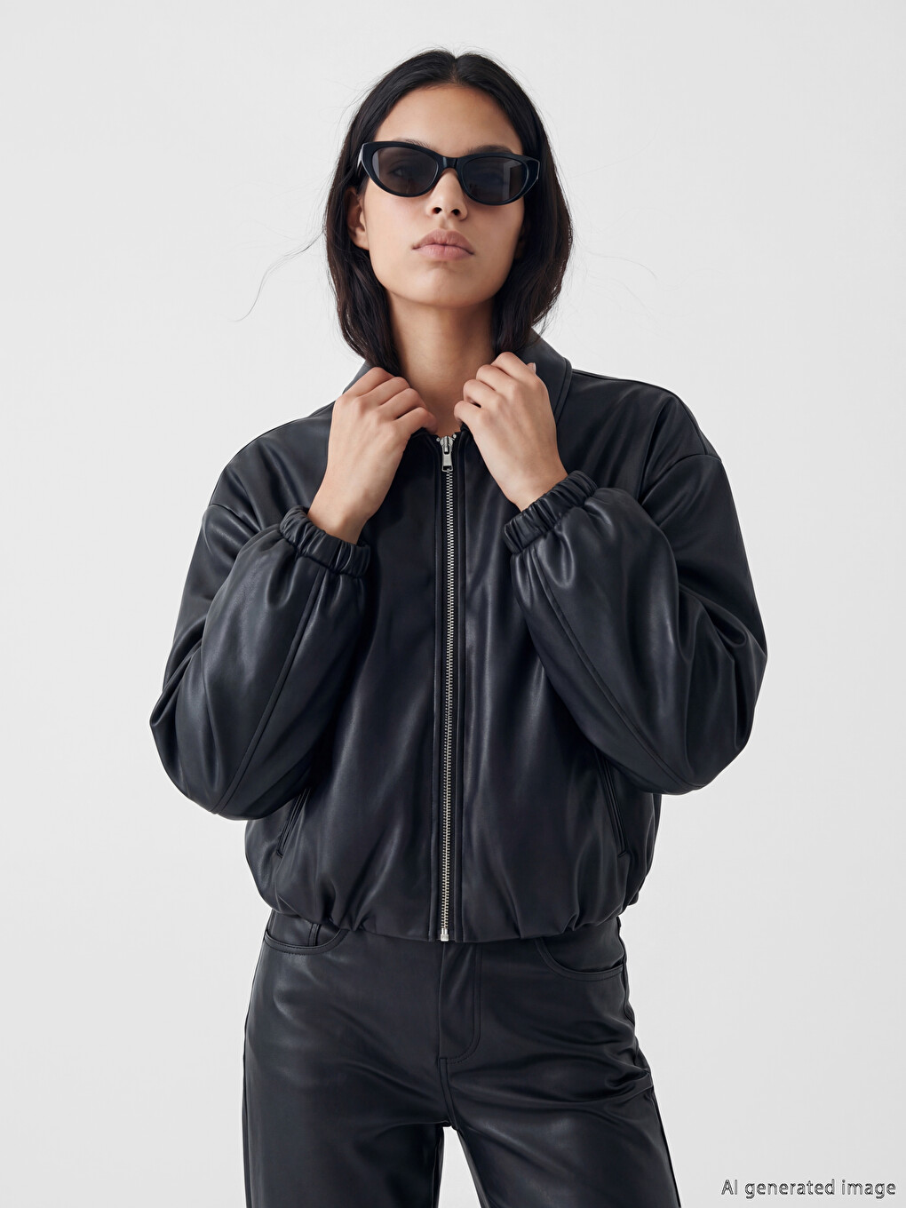 Siyah Kadın Oversize Bomber Deri Görünümlü Ceket