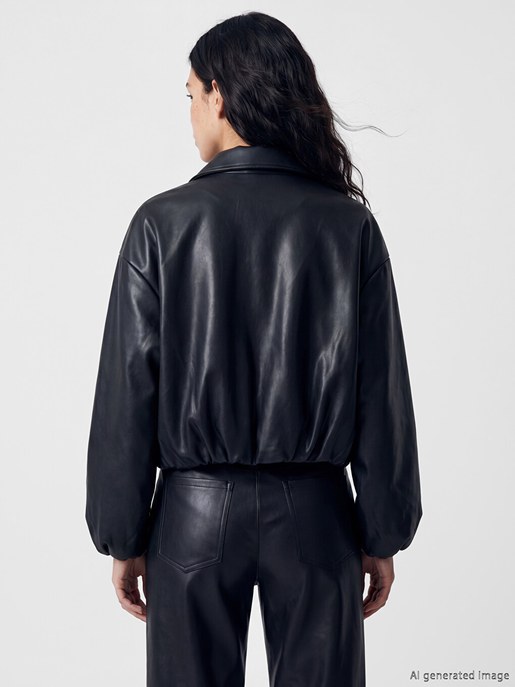 Siyah Kadın Oversize Bomber Deri Görünümlü Ceket-3