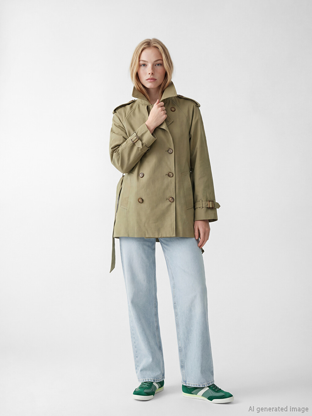 Haki Kemerli Oversize Kadın Trençkot-1