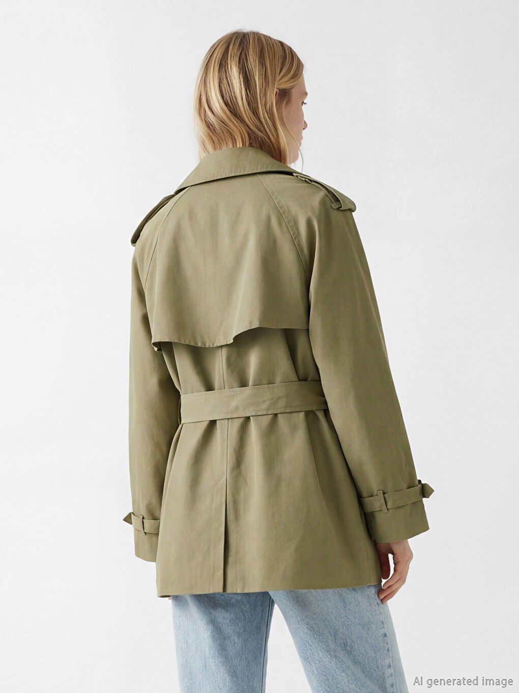 Haki Kemerli Oversize Kadın Trençkot-4