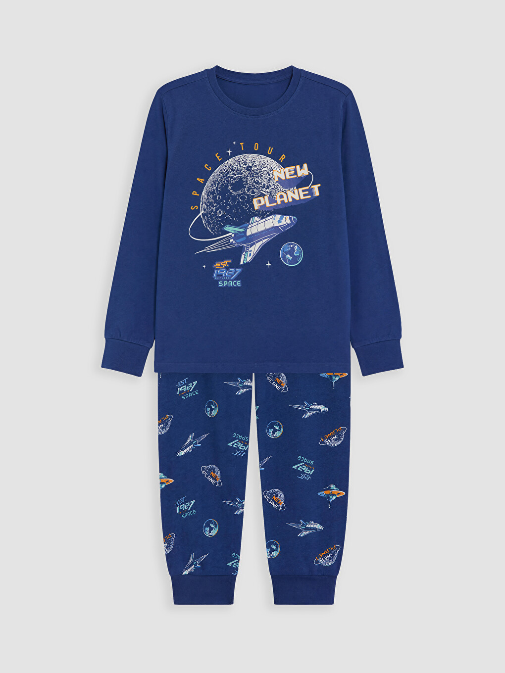 Lacivert Bisiklet Yaka Baskılı Erkek Çocuk Pijama Takım