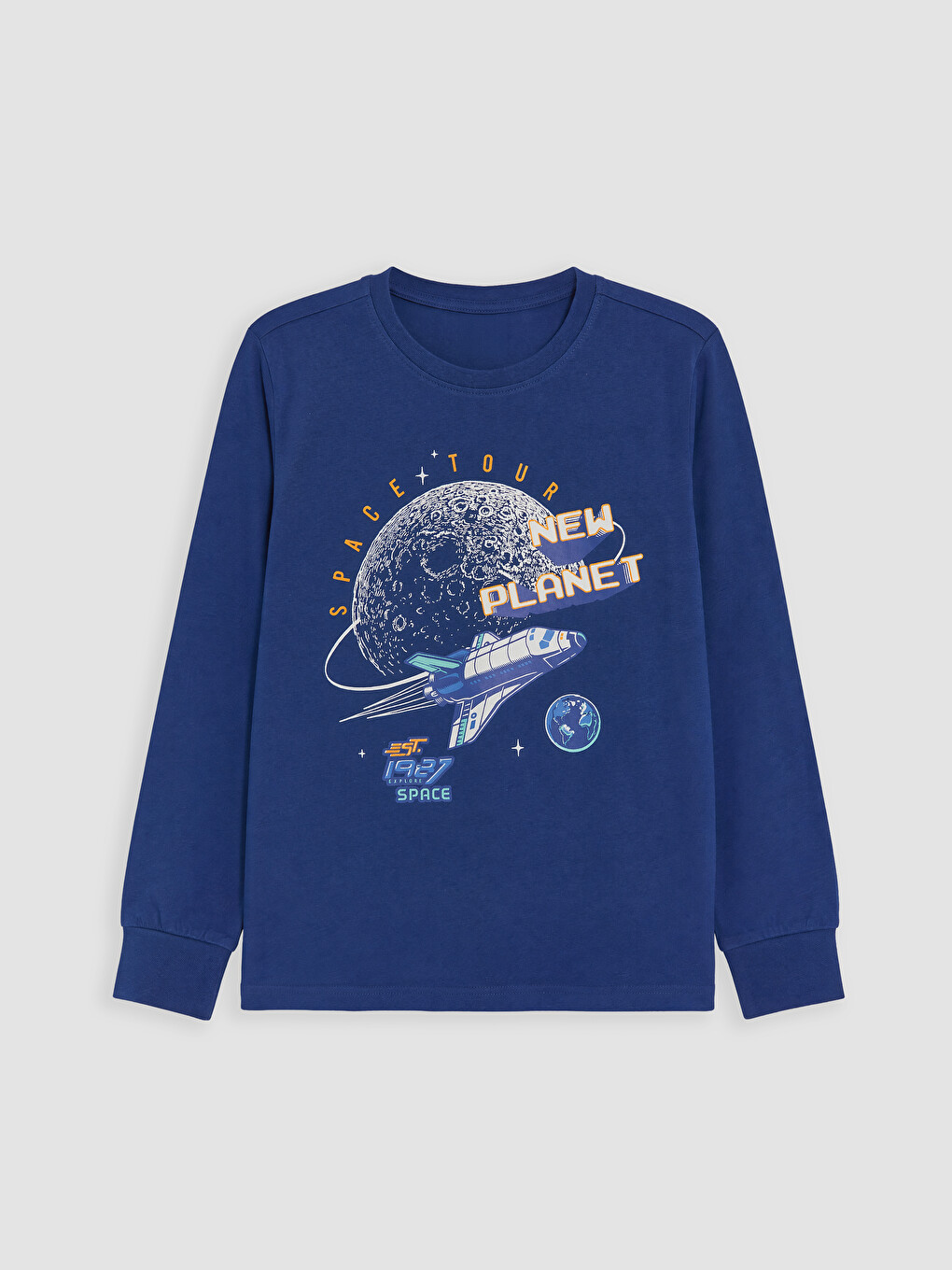 Lacivert Bisiklet Yaka Baskılı Erkek Çocuk Pijama Takım-1