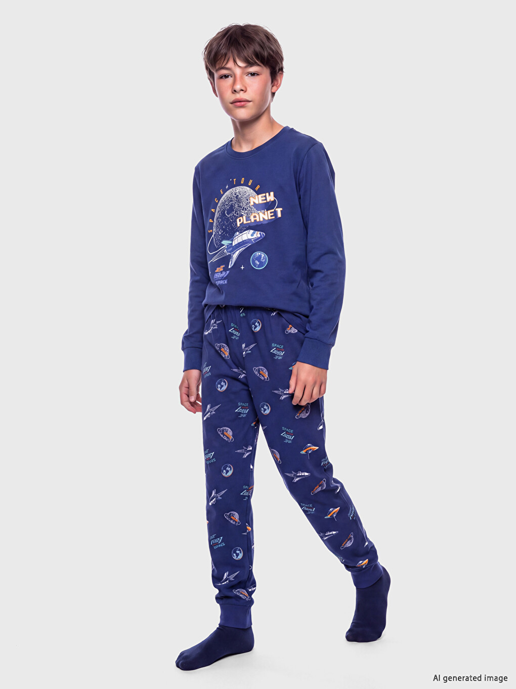 Lacivert Bisiklet Yaka Baskılı Erkek Çocuk Pijama Takım