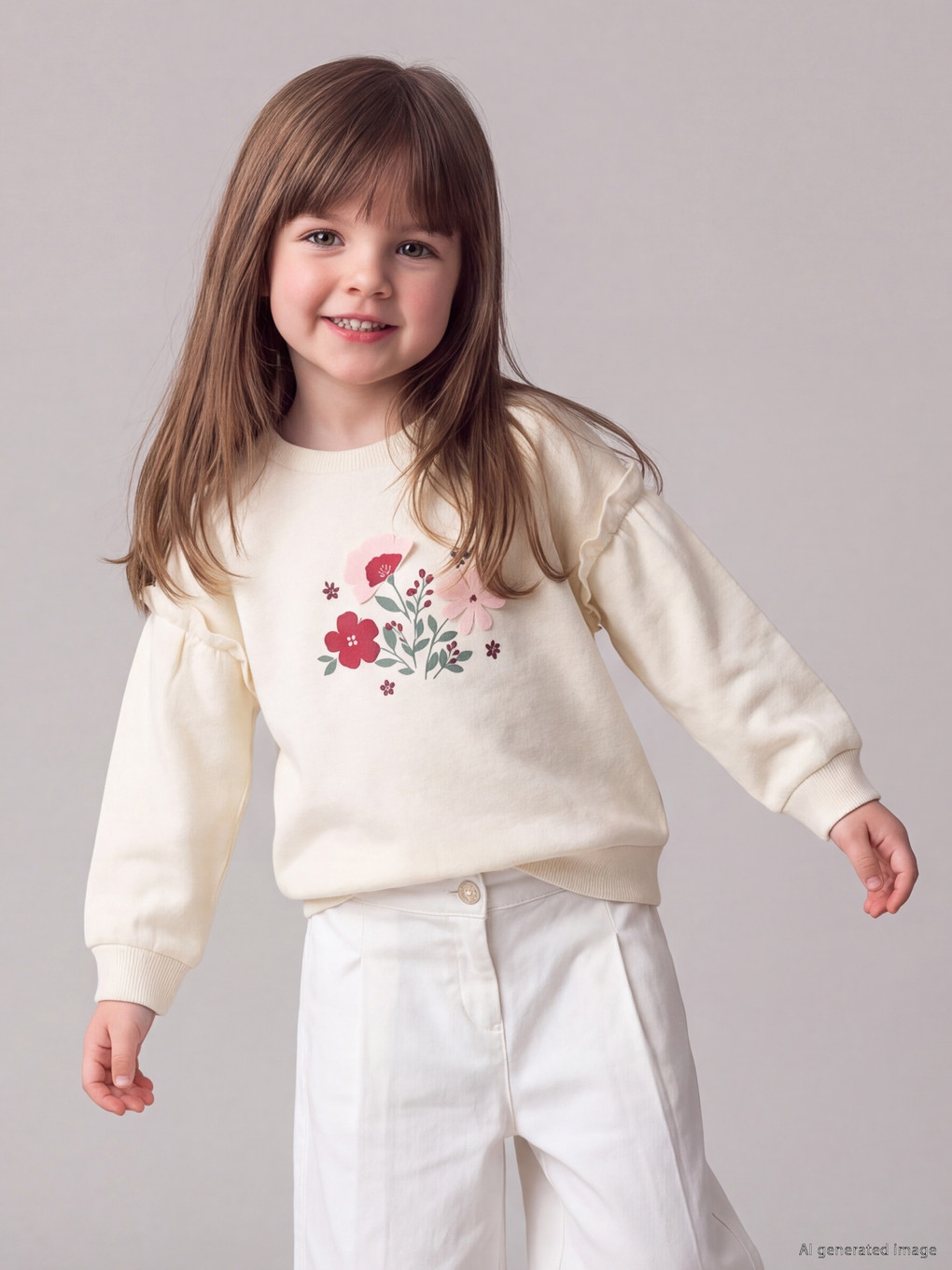 Ekru Nakışlı Kız Bebek Sweatshirt