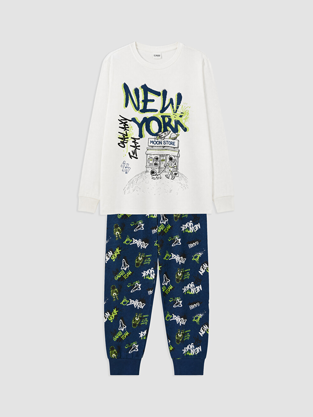 Ekru New York Baskılı Erkek Çocuk Pijama Takım