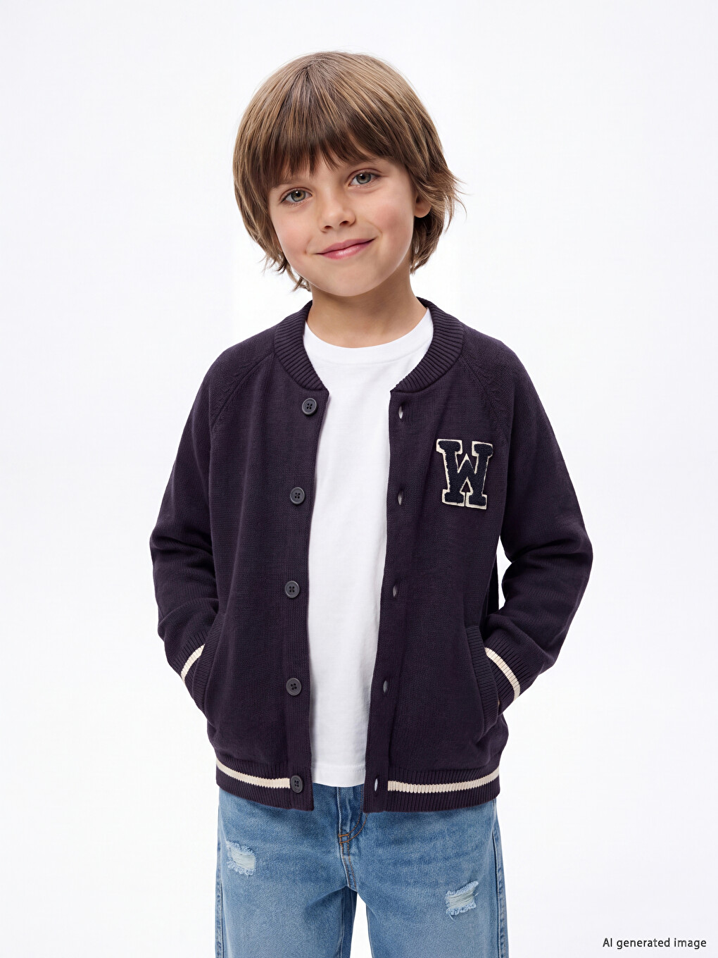 Baseball Collar Appliquéd Boys' Cardigan