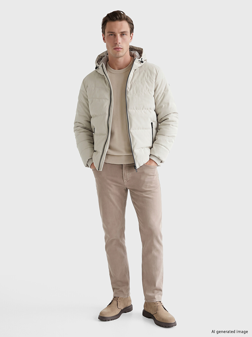 Bej Regular Fit Kapüşonlu Erkek Şişme Mont-1