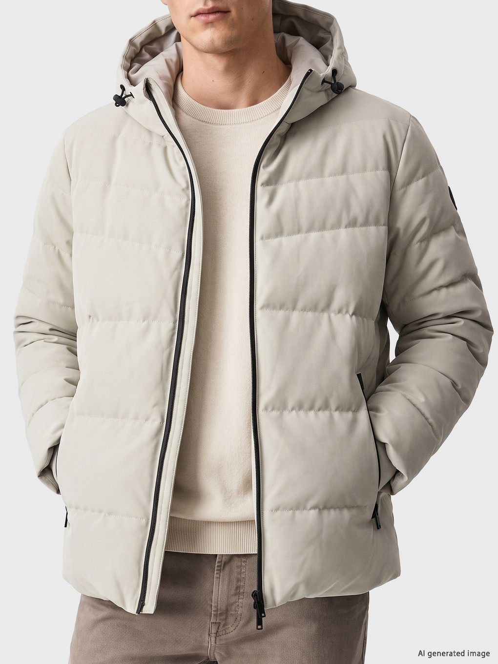Bej Regular Fit Kapüşonlu Erkek Şişme Mont-2