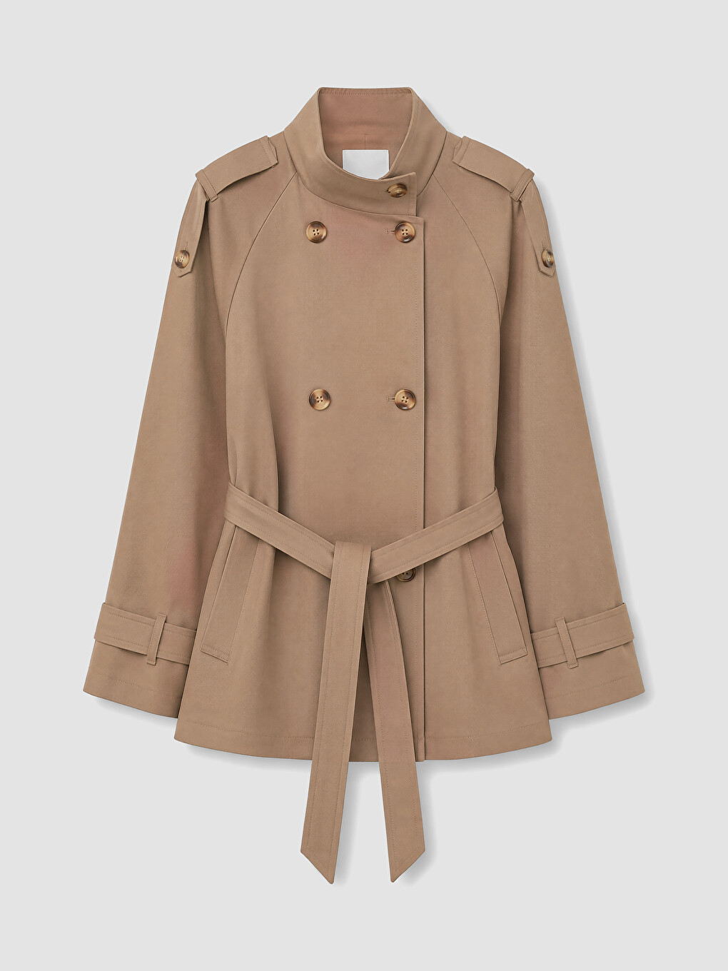 Kahverengi Dik Yaka Kuşaklı Kadın Gabardin Trençkot-4