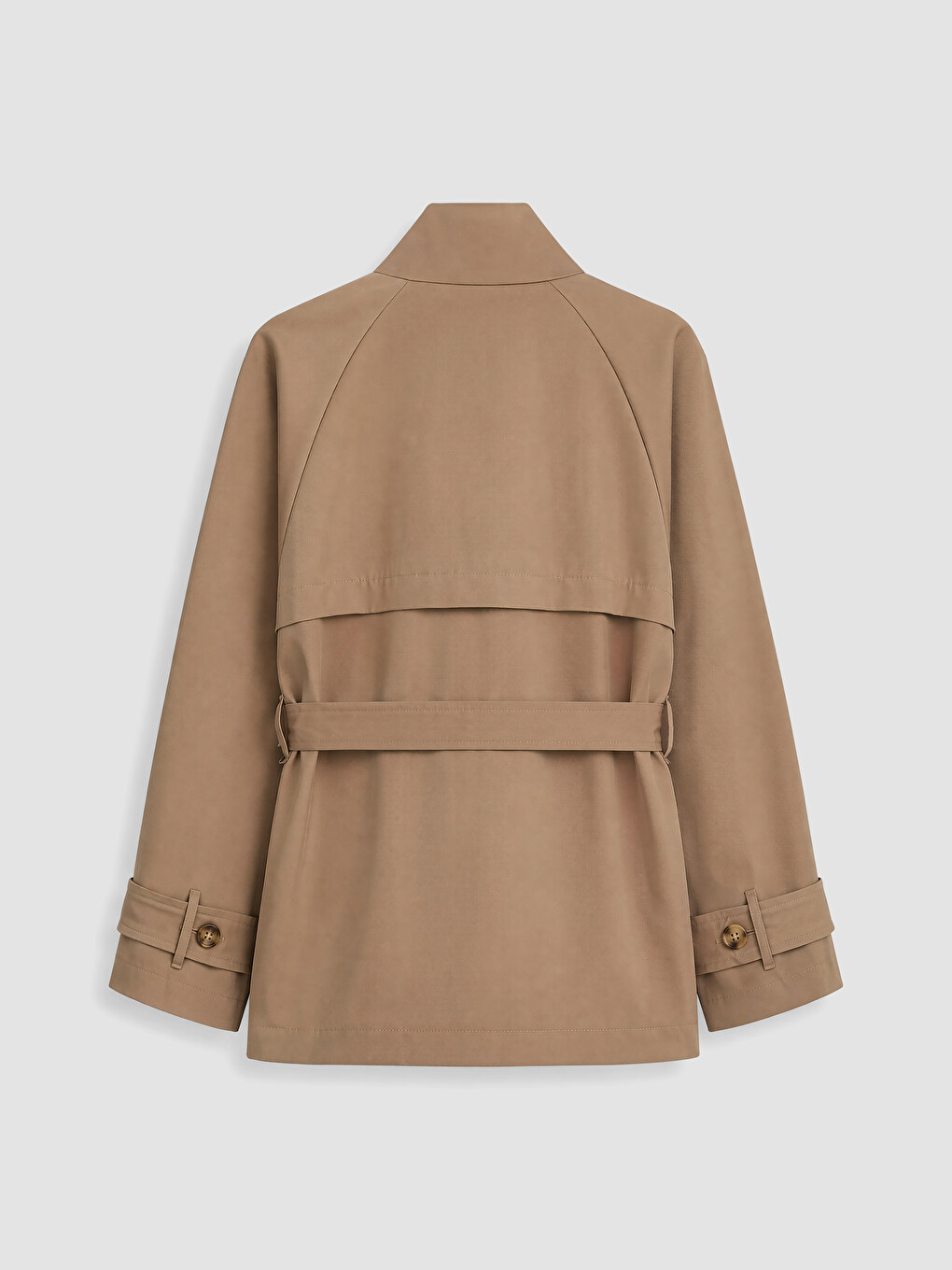 Kahverengi Dik Yaka Kuşaklı Kadın Gabardin Trençkot-5