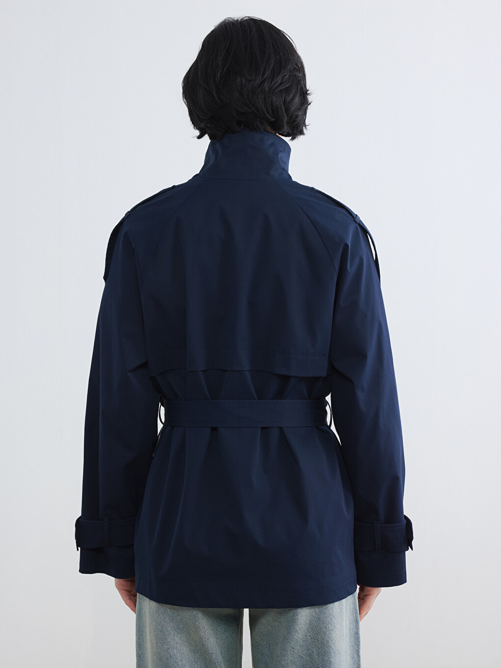 Lacivert Dik Yaka Kuşaklı Kadın Gabardin Trençkot-3