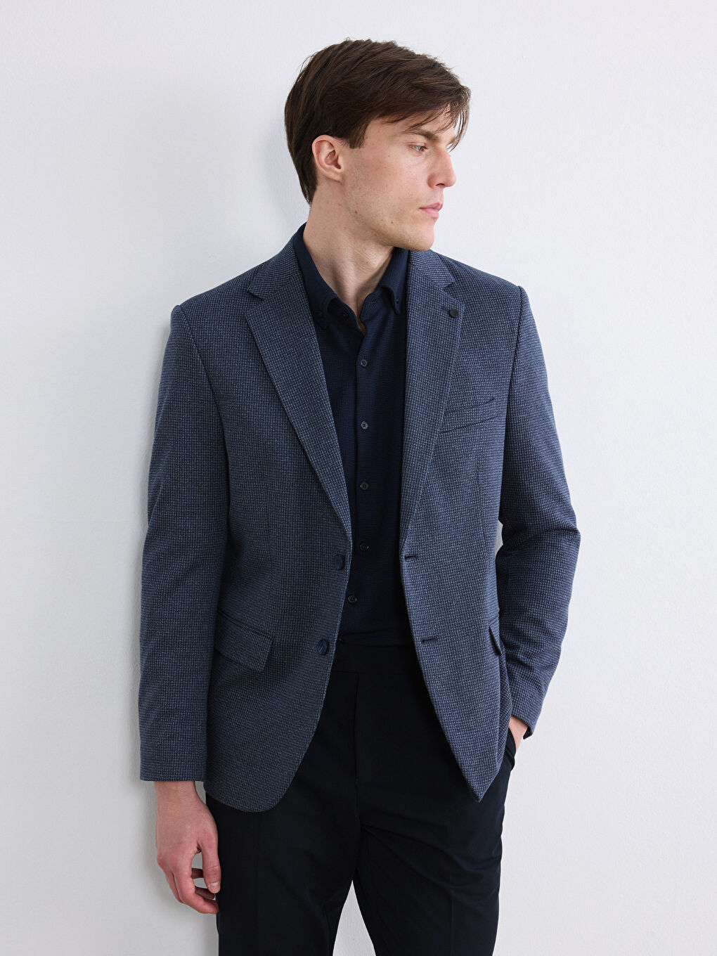 Lacivert Slim Fit Klapa Yaka Desenli Erkek Blazer Ceket