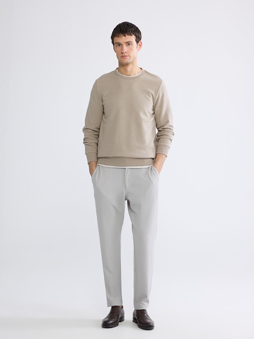 Bej Bisiklet Yaka Erkek Sweatshirt	-1