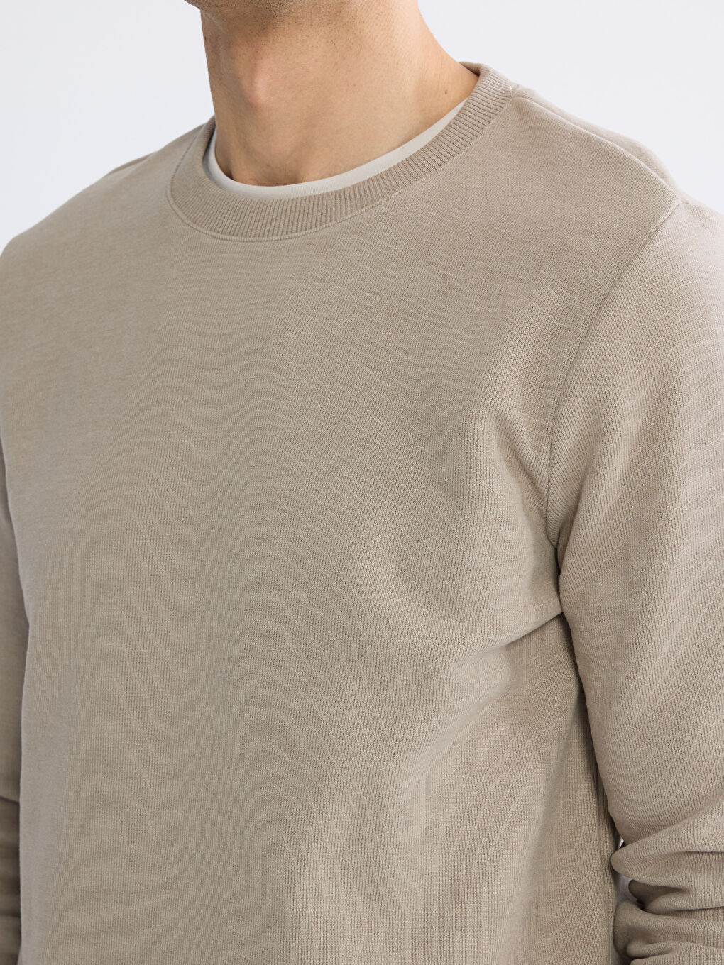 Bej Bisiklet Yaka Erkek Sweatshirt	-2