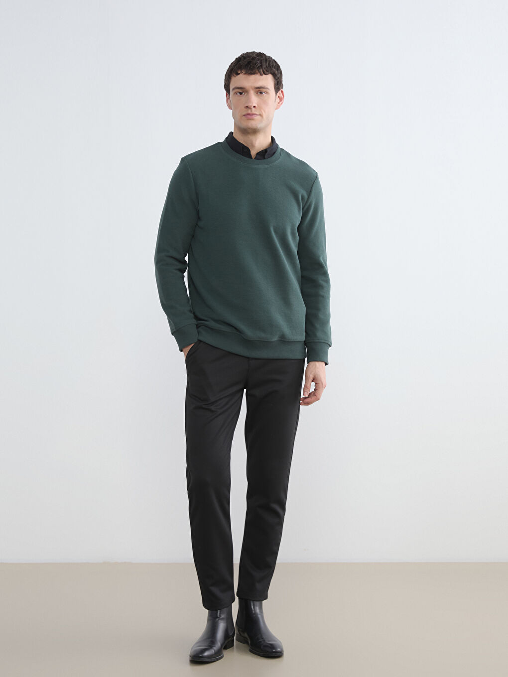 Haki Bisiklet Yaka Erkek Sweatshirt	-1