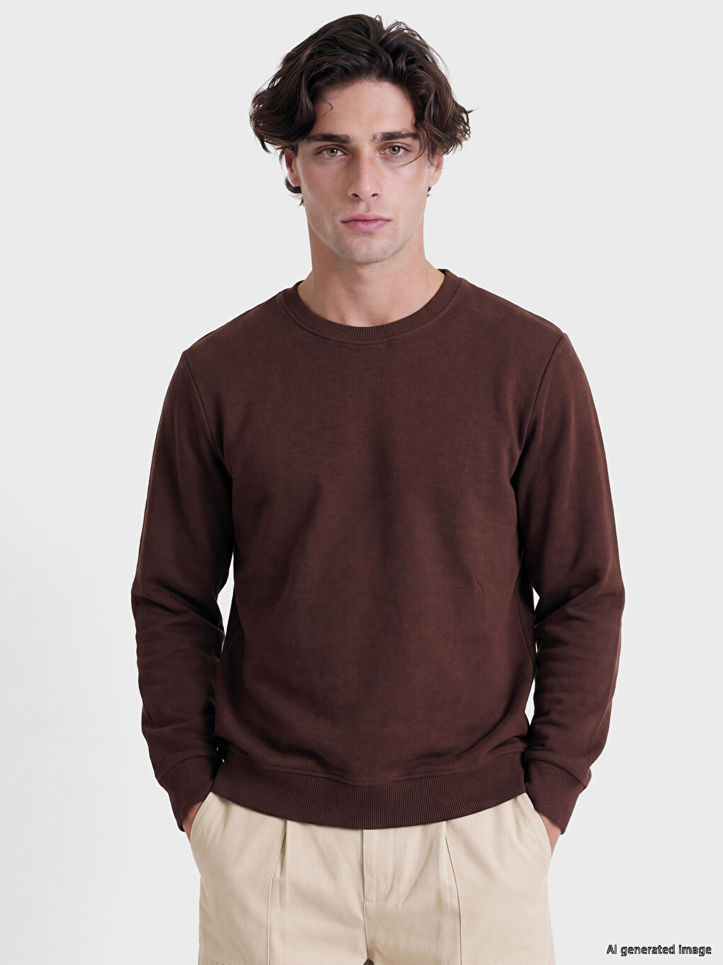 Kahverengi Bisiklet Yaka Erkek Triko Sweatshirt