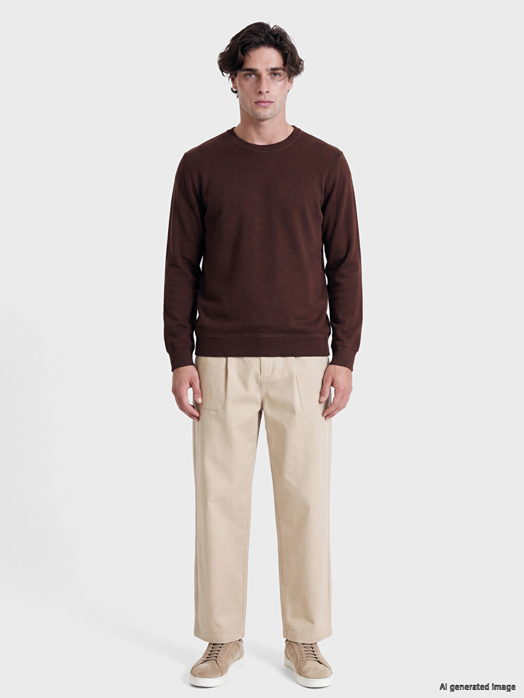 Kahverengi Bisiklet Yaka Erkek Triko Sweatshirt-1