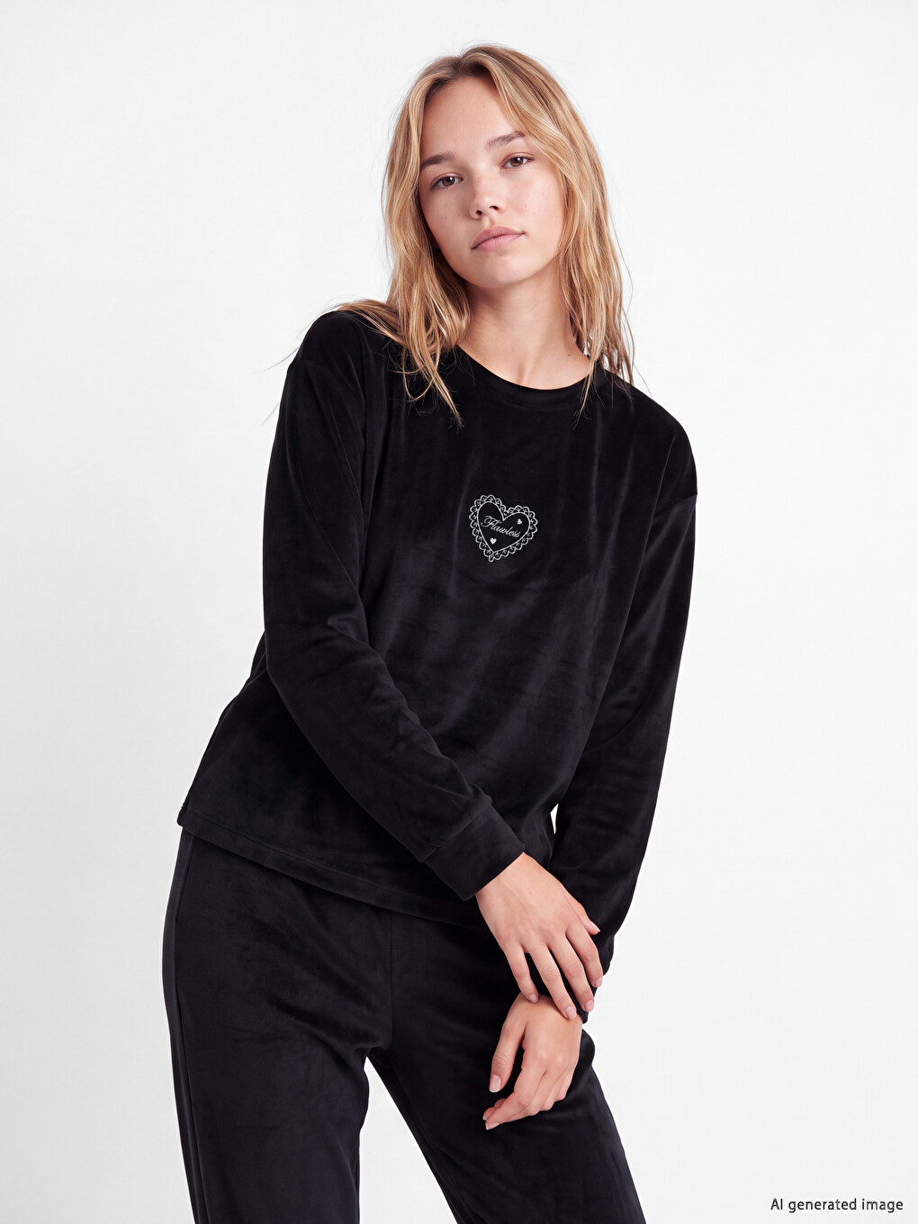 Siyah Nakışlı Kadife Kadın Pijama Takımı-1